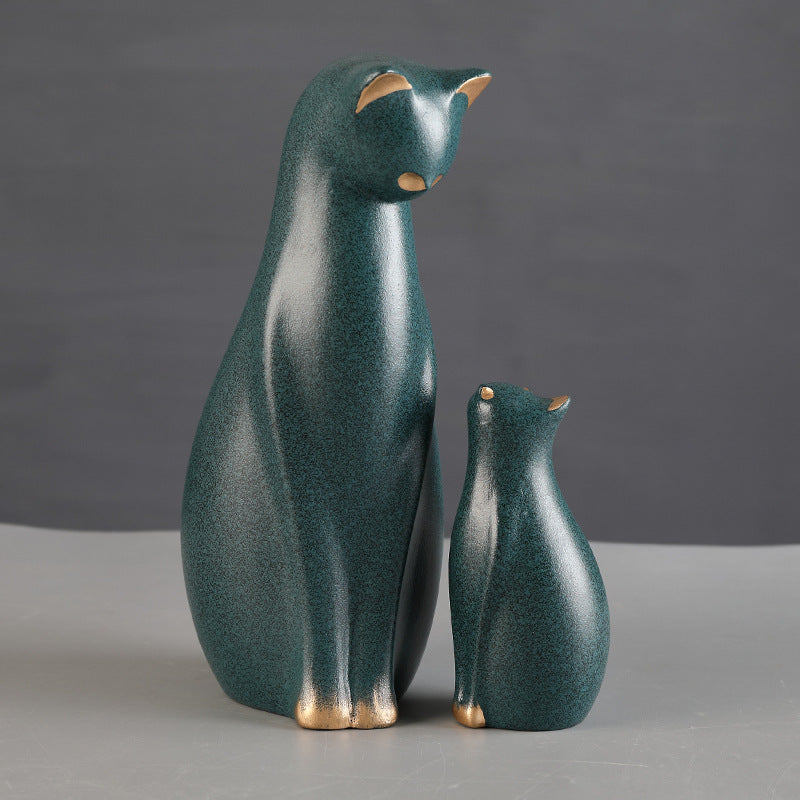 Porcelain Endearing Mother Cat &amp; Kitten Figurine Pair